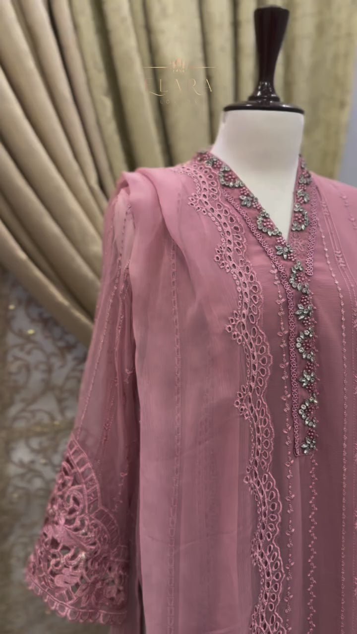 Pink chiffon embroidered outfit with handcrafted stonework