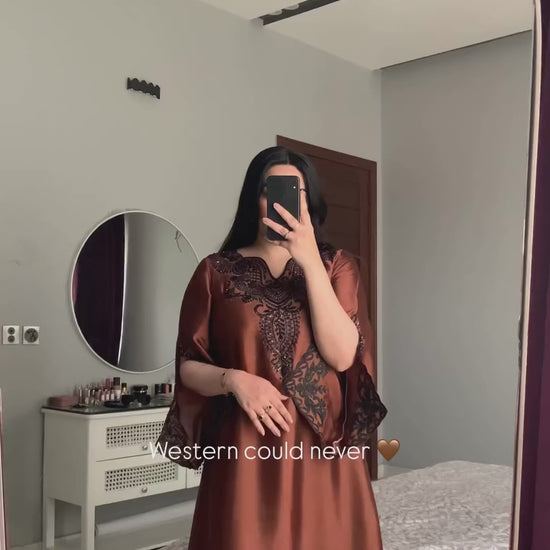 Brown silk embroidered kaftan with cutwork and hand embellishments