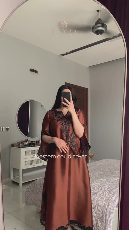 Brown silk embroidered kaftan with cutwork and hand embellishments