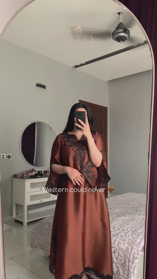 Brown silk embroidered kaftan with cutwork and hand embellishments