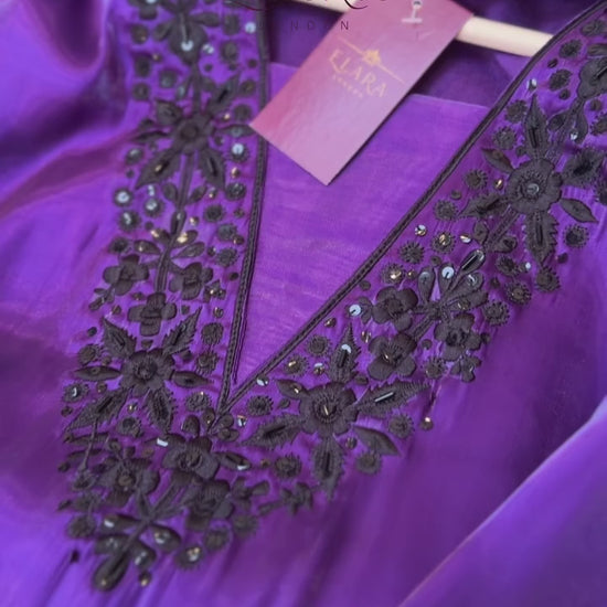 Rich purple silk set with fine thread embroidery and hand-finished sequins