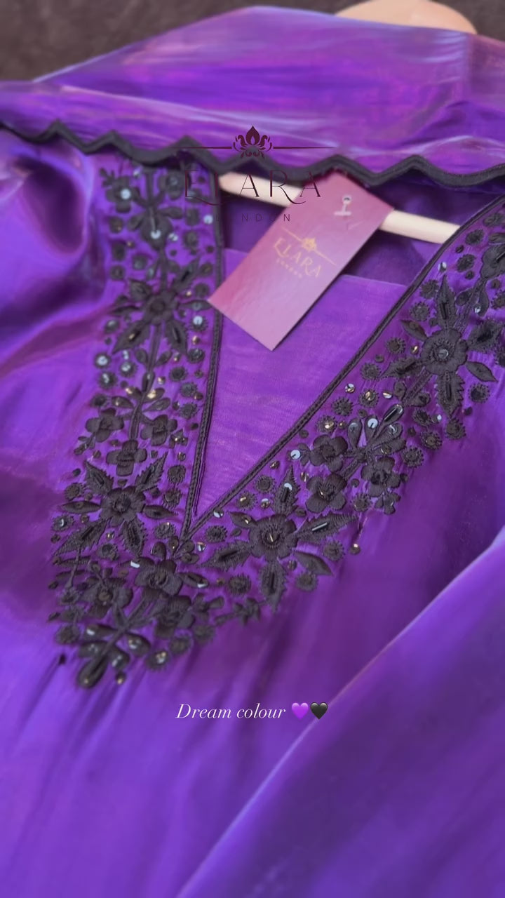 Rich purple silk set with fine thread embroidery and hand-finished sequins