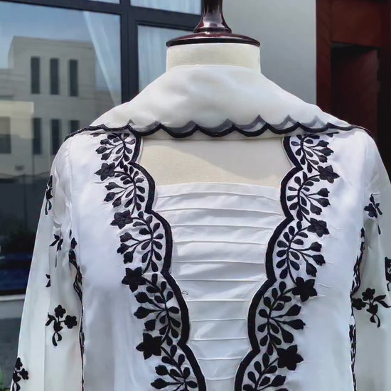 Black and white silk outfit with embroidered 3-piece ensemble
