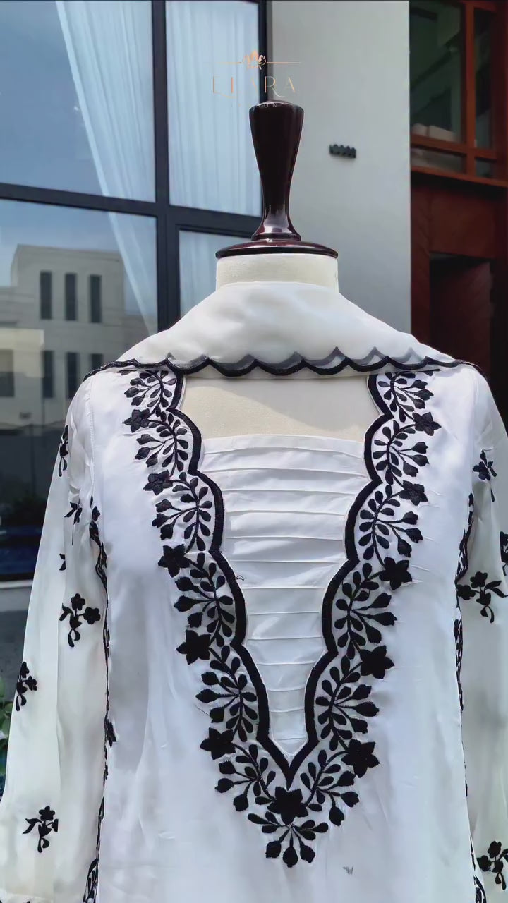 Black and white silk outfit with embroidered 3-piece ensemble