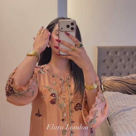 Sunset peach silk embroidered kaftan with intricate handwork and multicolored embroidery