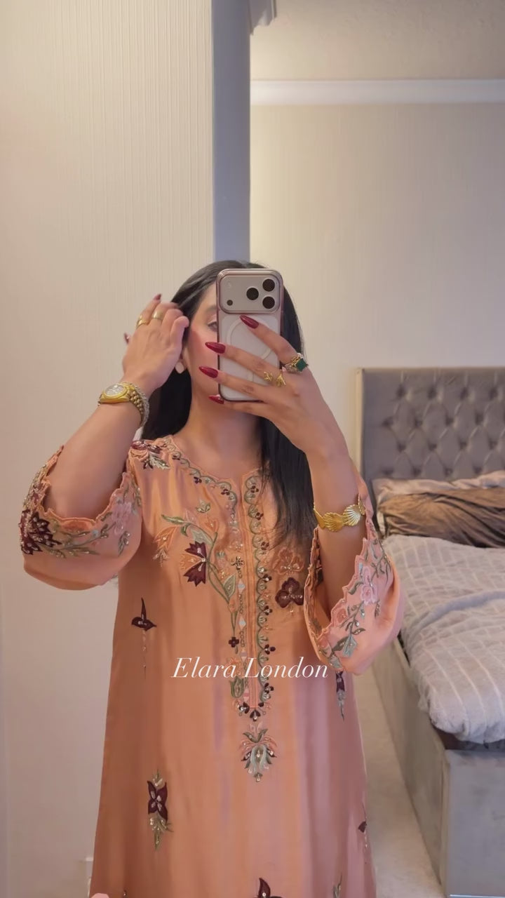 Sunset peach silk embroidered kaftan with intricate handwork and multicolored embroidery