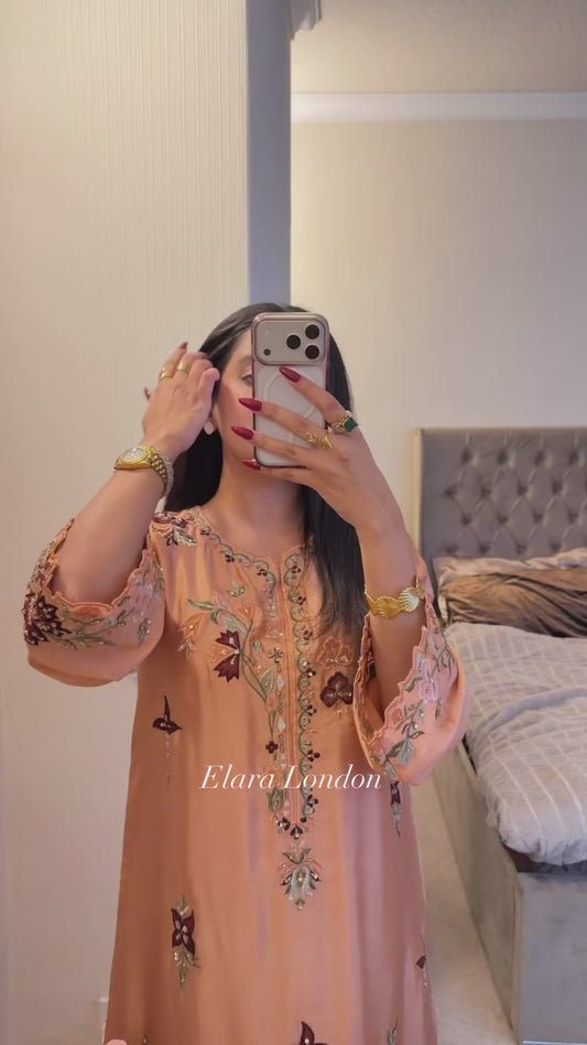 Sunset peach silk embroidered kaftan with intricate handwork and multicolored embroidery