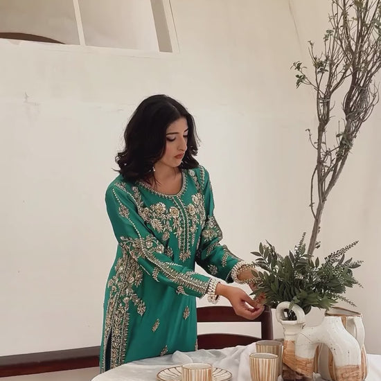 Aqua green wedding outfit with hand-made zari work on tussar silk