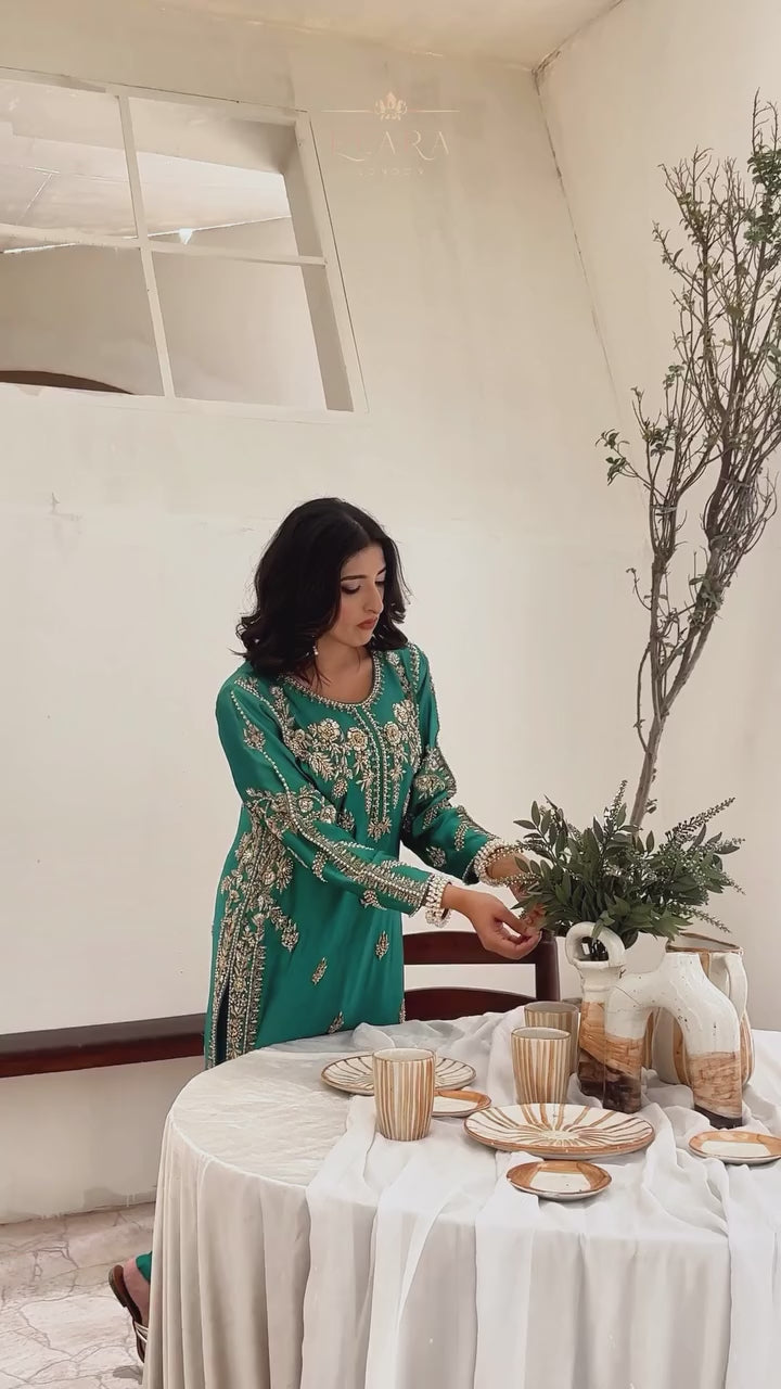Aqua green wedding outfit with hand-made zari work on tussar silk
