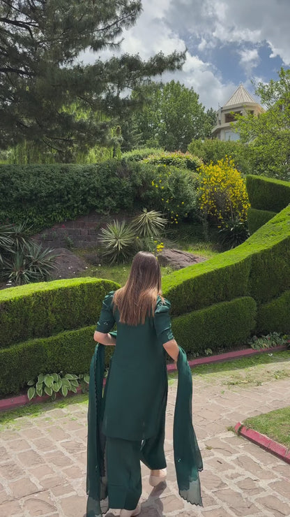 Green embroidered farshi shalwar set in emerald green